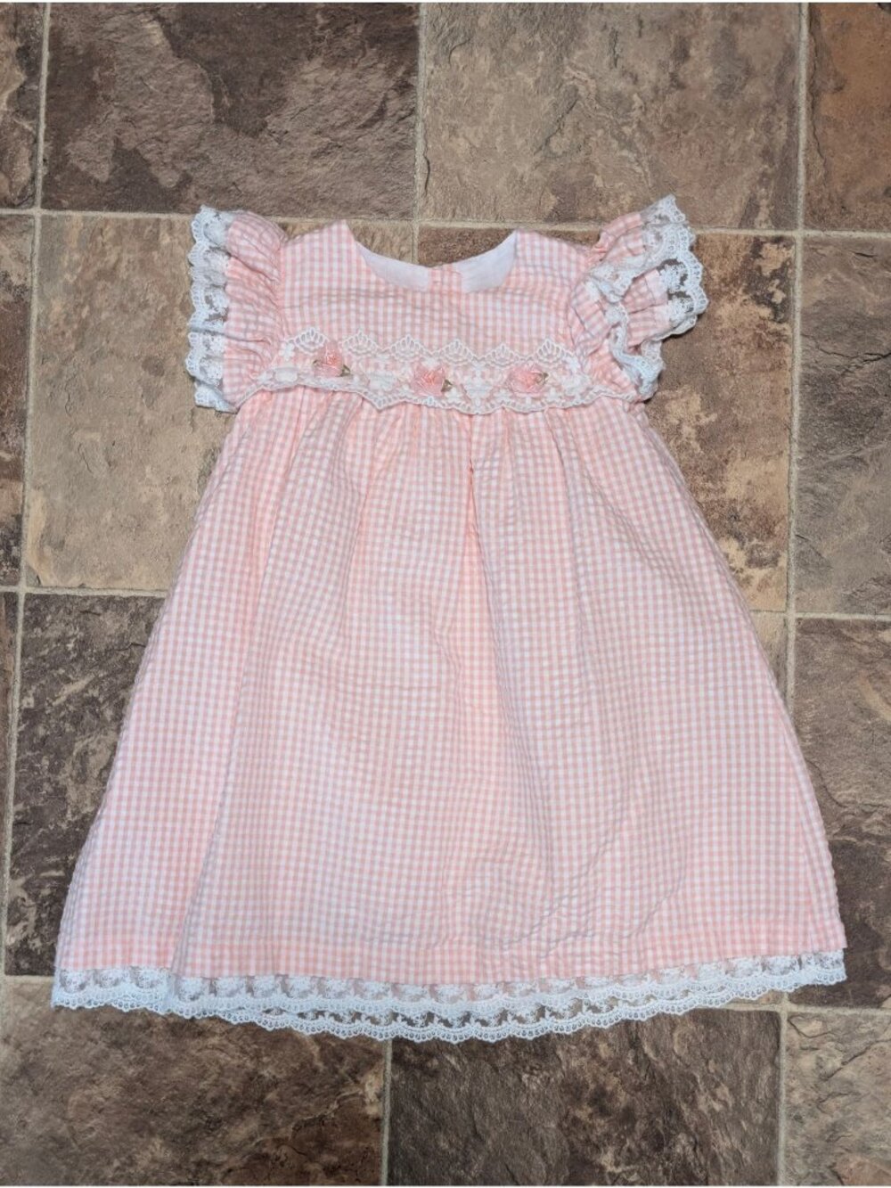 Pink Gingham Baby Dress With Lace Trim & Floral Accents Size 24M By Bonnie Baby